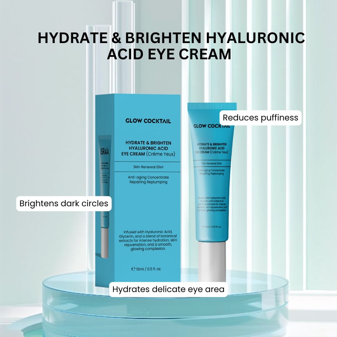 Turquoise tube en doos. Opschrift: Glow Cocktail, Hydrate & Brighten Hyaluronic Acid Eye Cream. Tekst: Vermindert wallen.