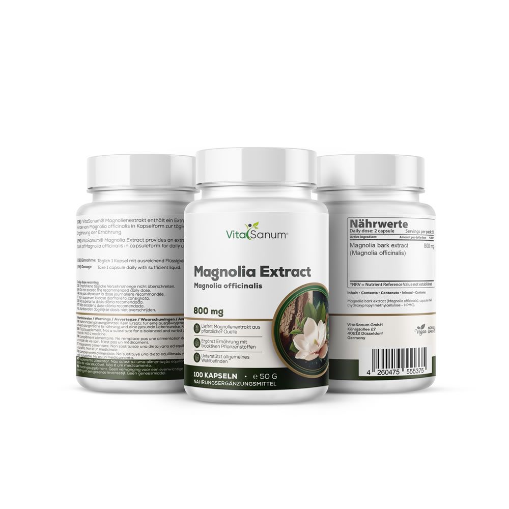 Trois flacons blancs VitaSanum Magnolia Extract. Inscription : 800 mg, 100 gélules. Image d'une fleur de magnolia.