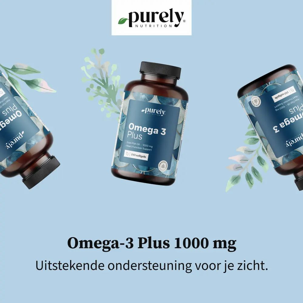 Drie flessen Omega-3 Plus. Opschrift: Purely Nutrition, 1000 mg. Tekst: Uitstekende ondersteuning voor je zicht.