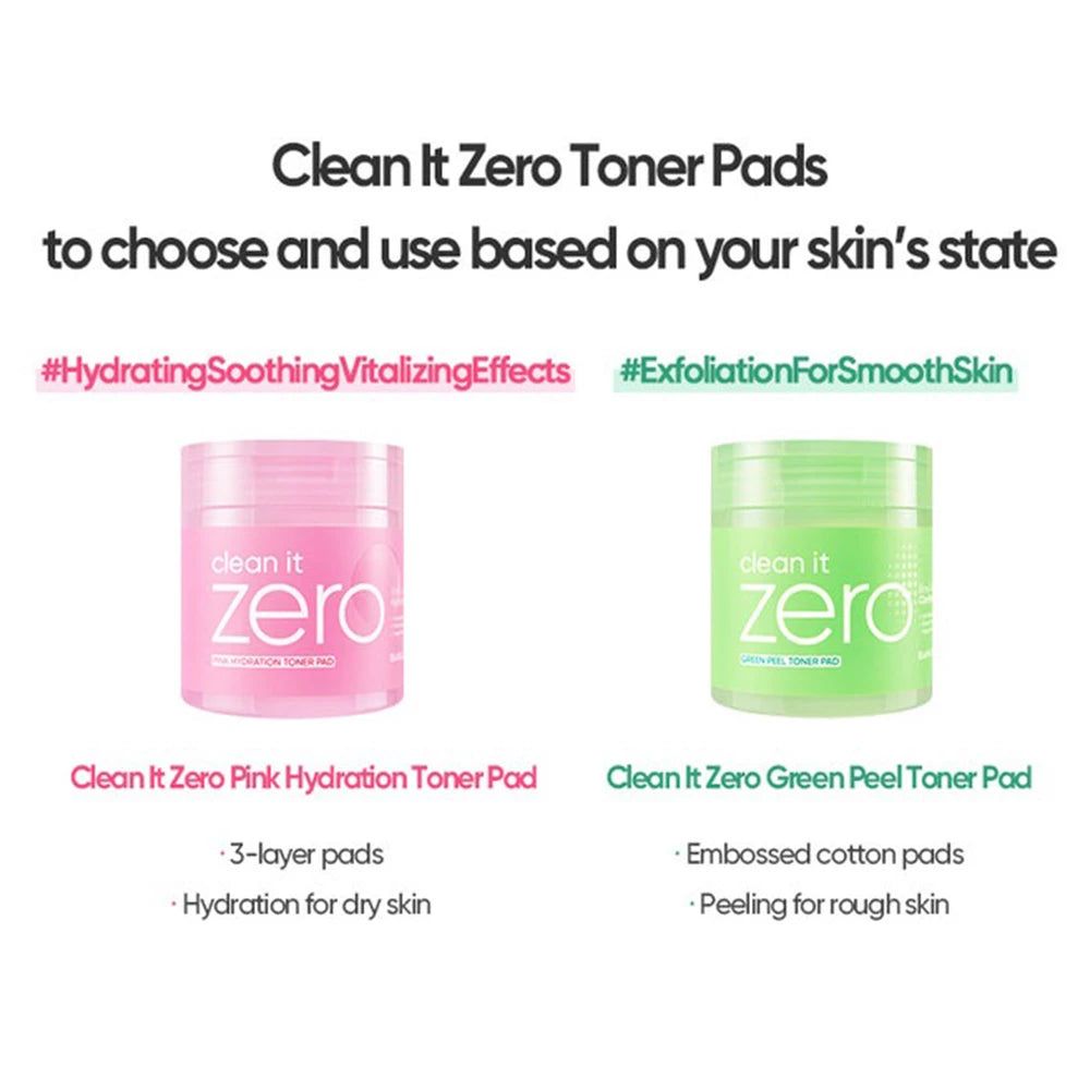 Twee potten: Pink Hydration Toner Pad en Green Peel Toner Pad. Tekst: Clean it Zero Toner Pads.