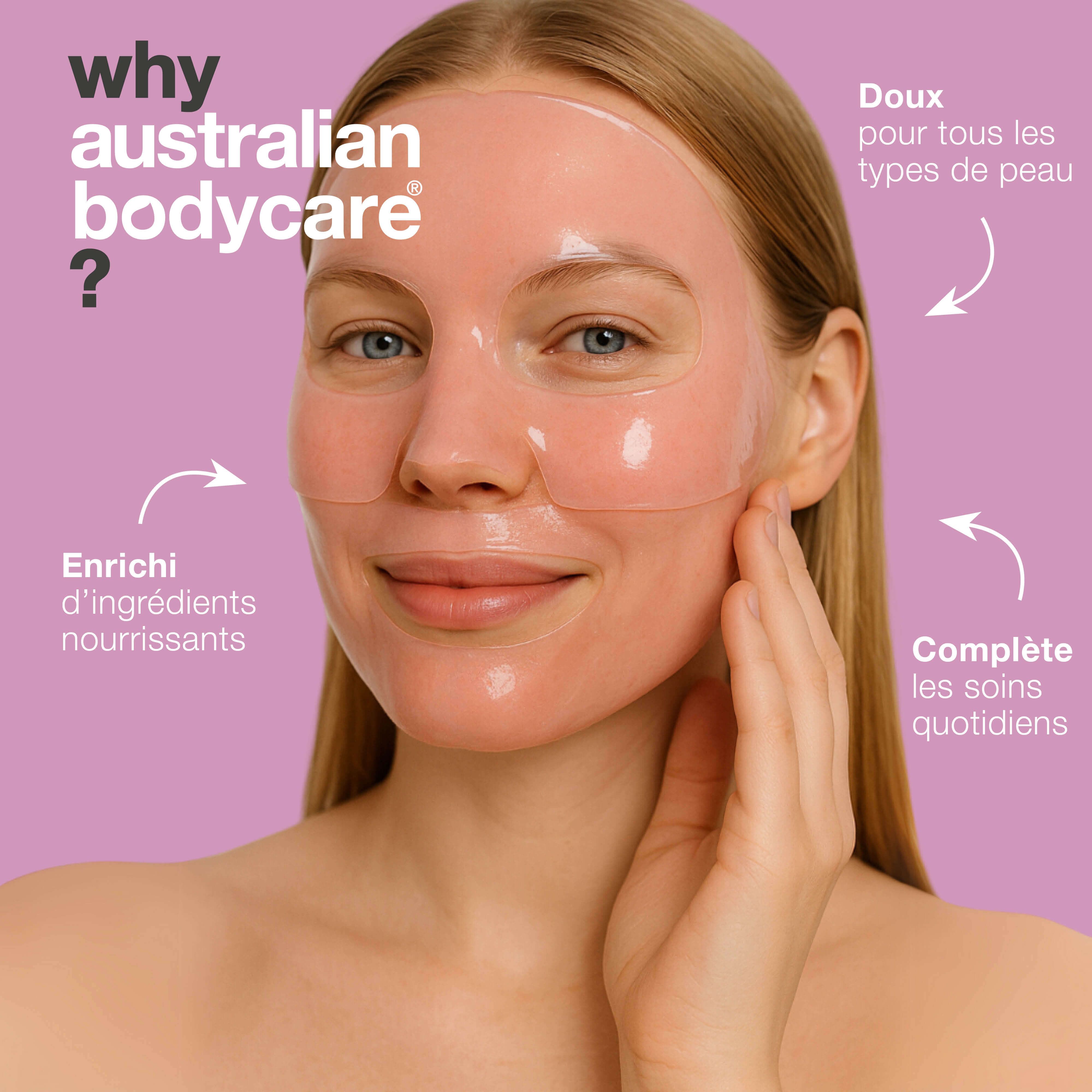 Femme avec masque. Texte : Why Australian Bodycare ?, Enrichi d'ingrédients nourrissants, Complète les soins quotidiens, Doux pour tous les types de peau.