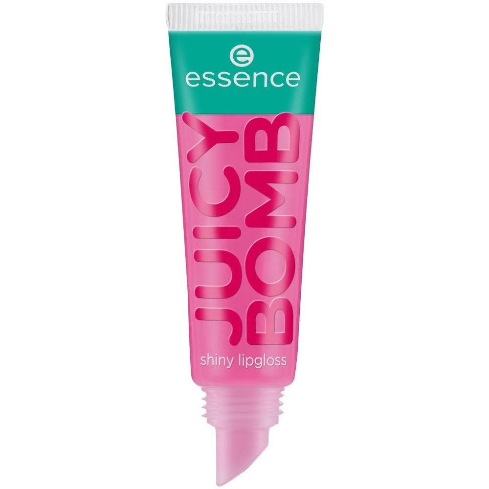 Tube de gloss rose. Inscription : Juicy Bomb, shiny lipgloss. Marque : essence.