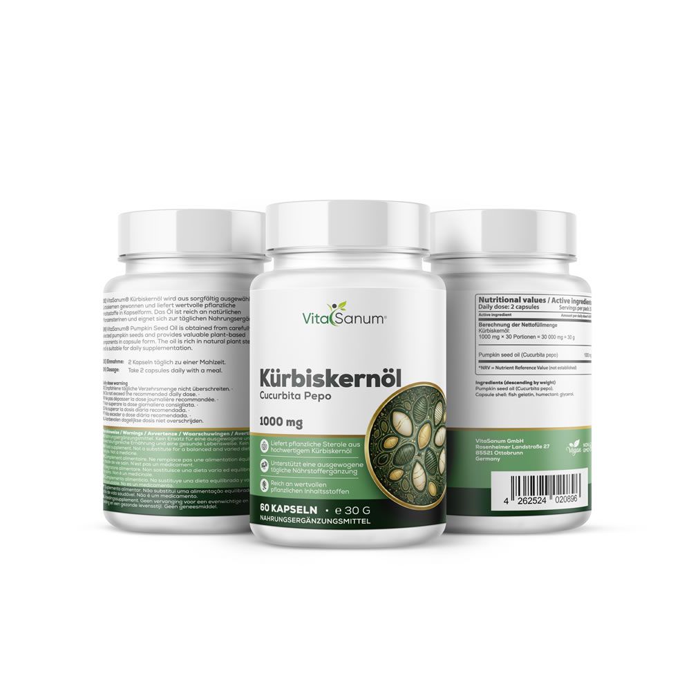 Trois bouteilles de capsules d'huile de pépins de courge VitaSanum, 1000 mg par capsule, 60 capsules.