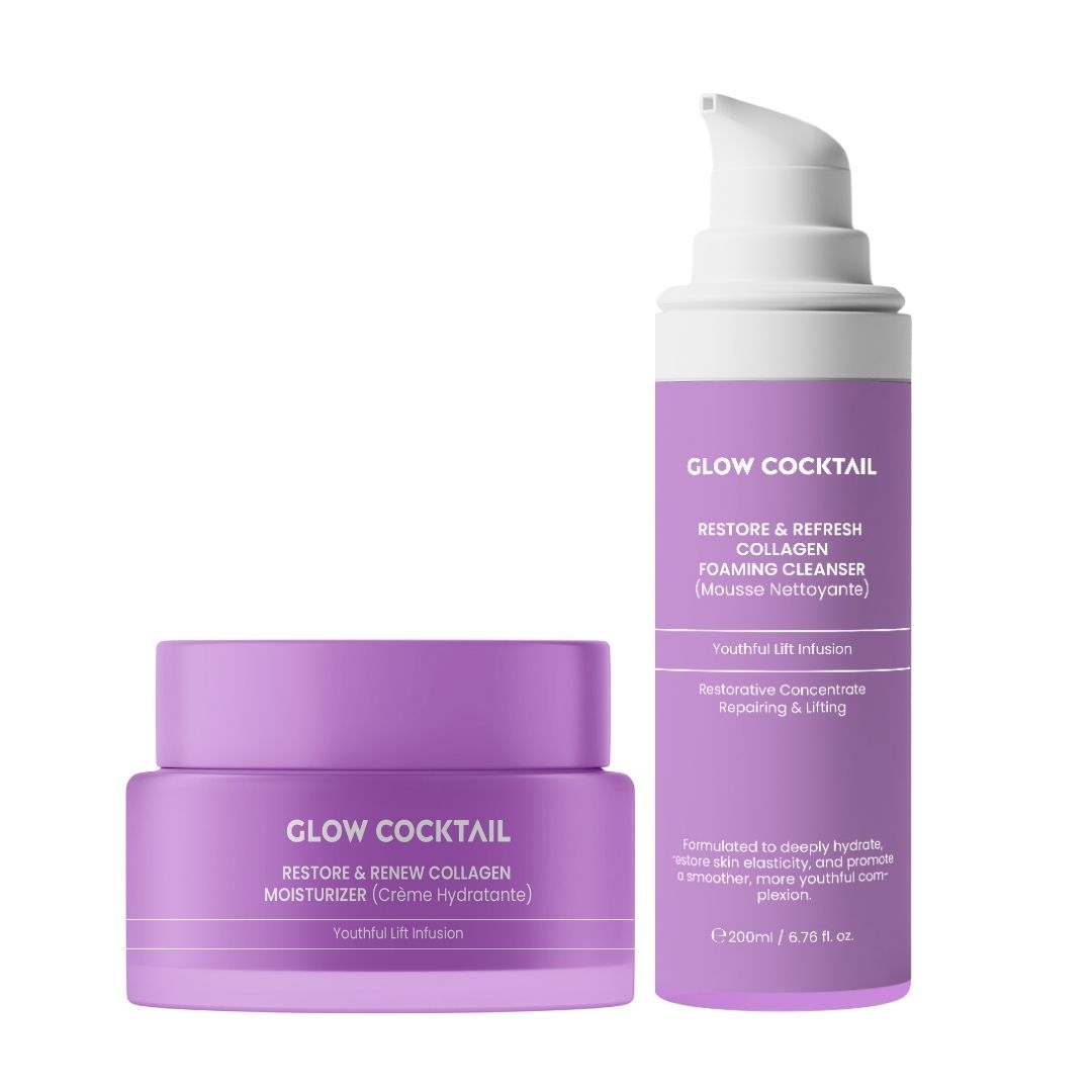Deux produits cosmétiques : une crème en pot violet et un gel nettoyant en flacon avec pompe. Les deux portent le nom Glow Cocktail.