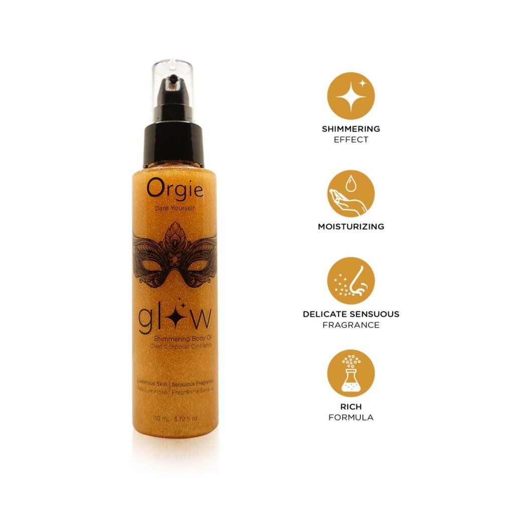 Body oil fles met pomp. Gouden olie met etiket: Orgie, Glow, masker. Iconen: glans, hydratatie, geur, formule.