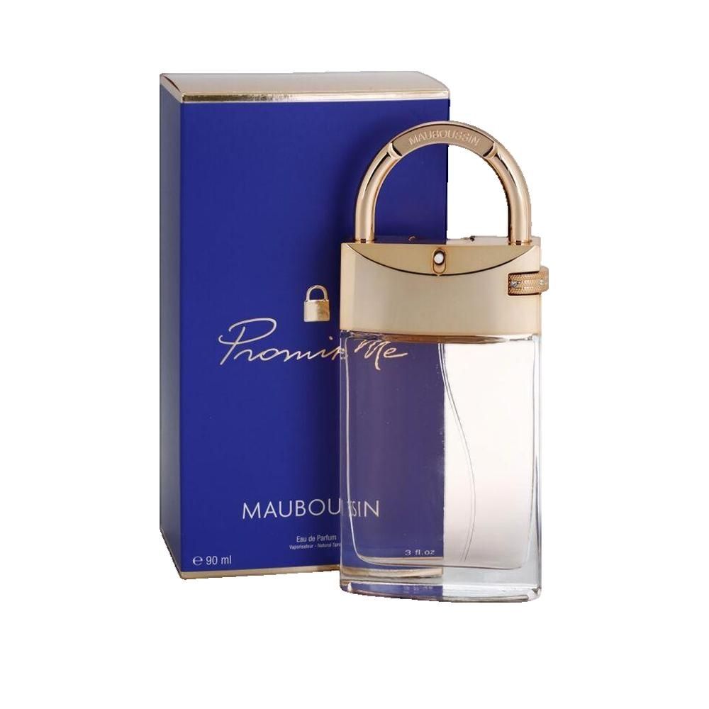 Blauwe en gouden verpakking en fles. Fles met gouden sluiting. Opschrift: Promise Me, Mauboussin.