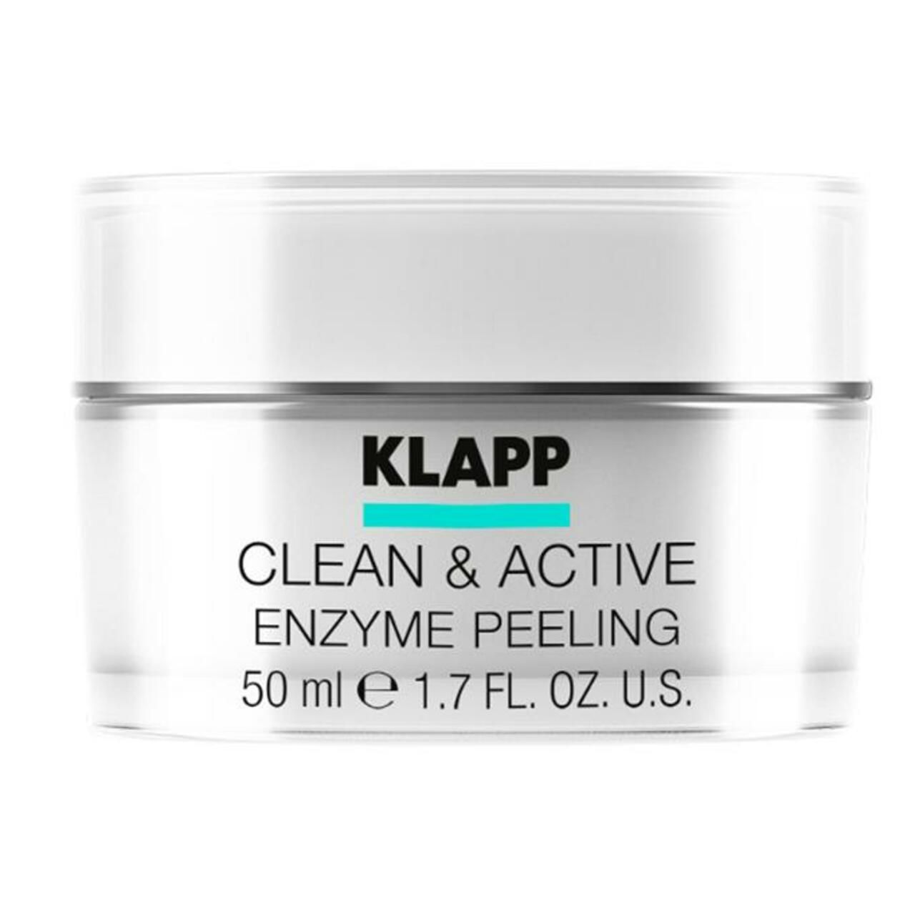 Pot transparent Klapp Clean & Active Enzyme Peeling avec couvercle blanc. Inscription : 50 ml e 1.7 FL.OZ.U.S. Logo Klapp.