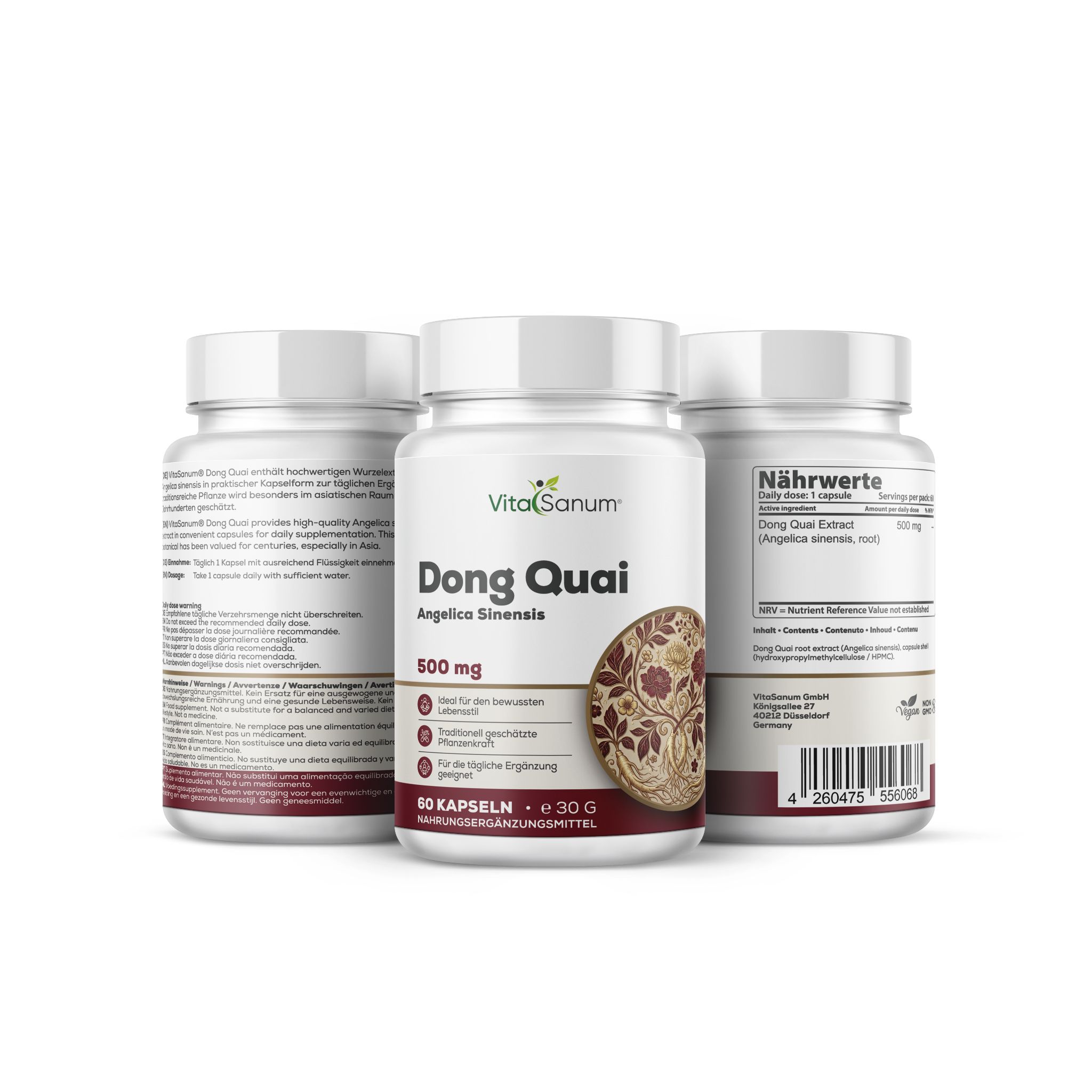 Drie flessen VitaSanum Dong Quai capsules, 500 mg, 60 vegan capsules per fles.
