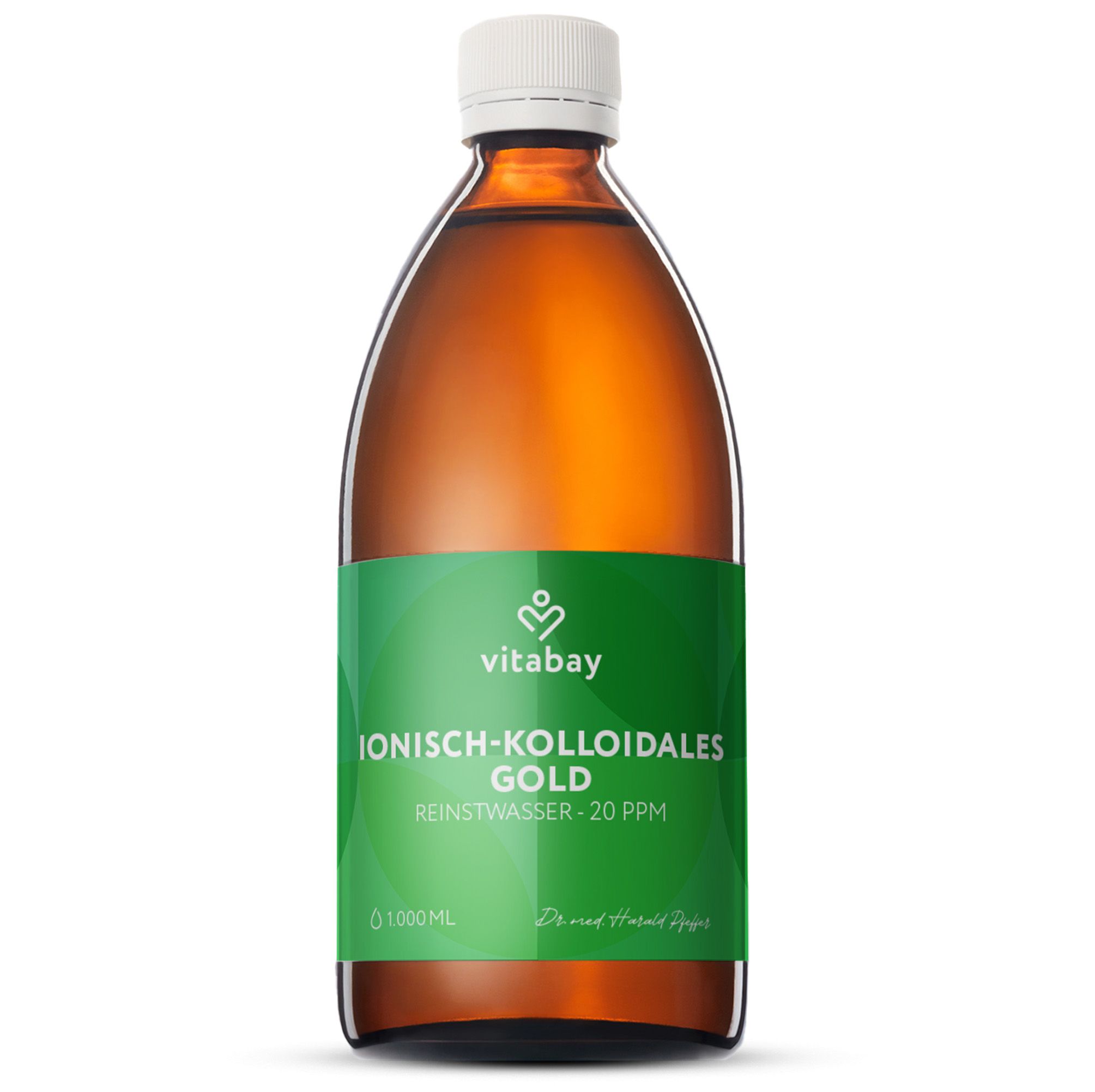 Bouteille en verre brun avec étiquette verte, Or colloïdal 20 PPM.