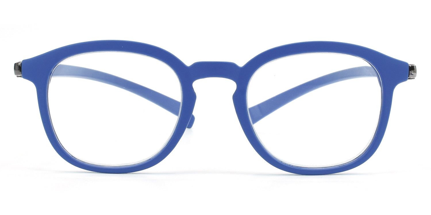 Lunettes bleues avec verres ronds. Monture et branches bleues. Vue de face.
