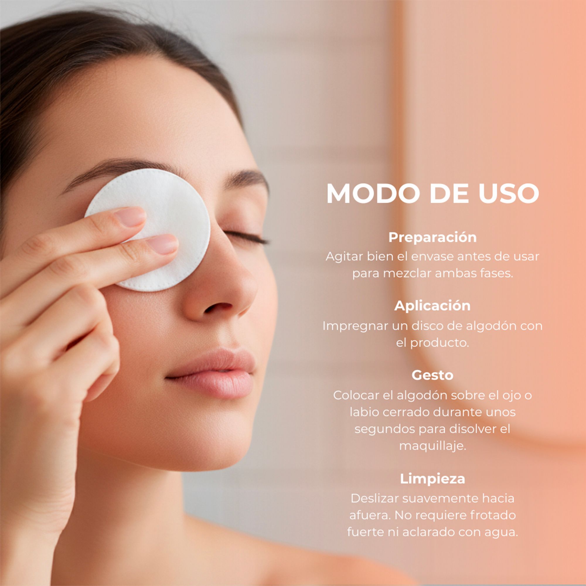 Vrouw met gesloten ogen die een watje op het oog legt. Tekst over het gebruik van het product.