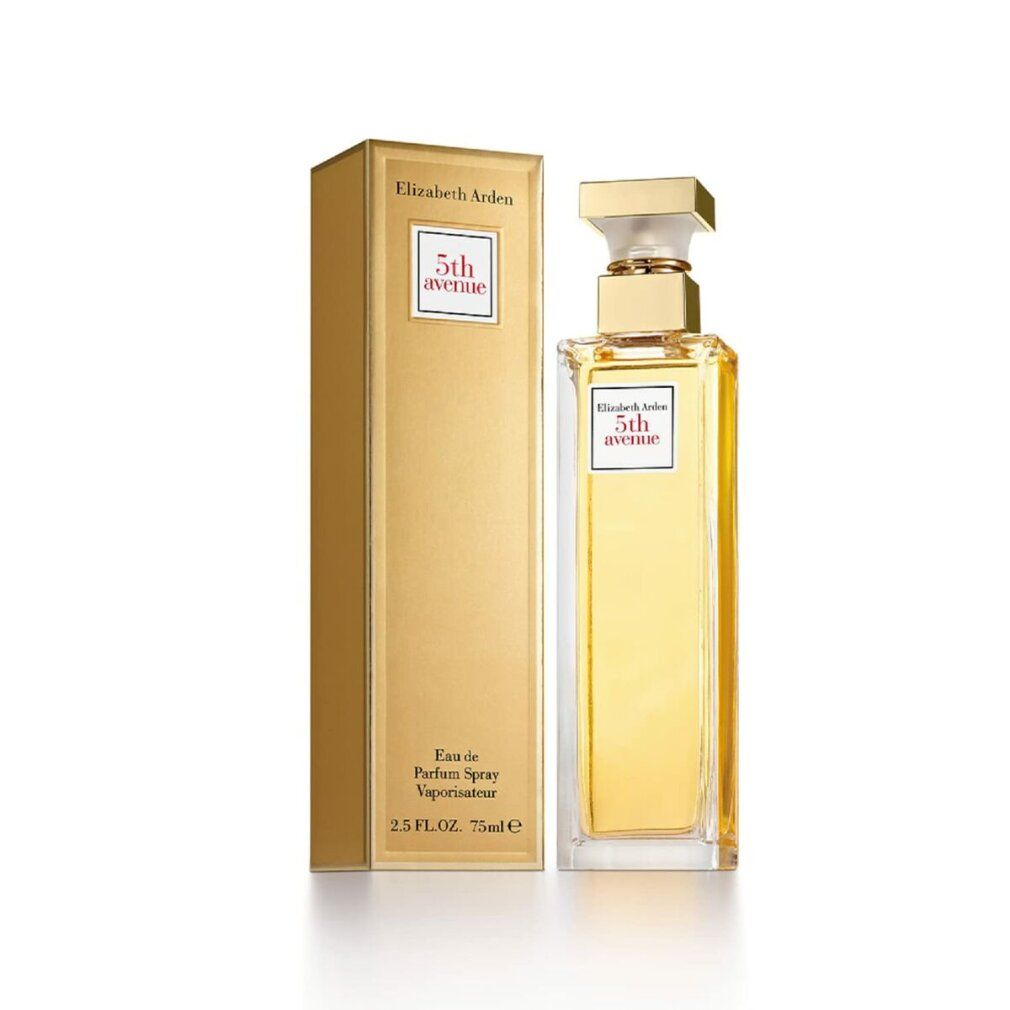 Flacon de parfum et boîte dorée. Sur la boîte, Elizabeth Arden 5th avenue. Flacon rectangulaire.
