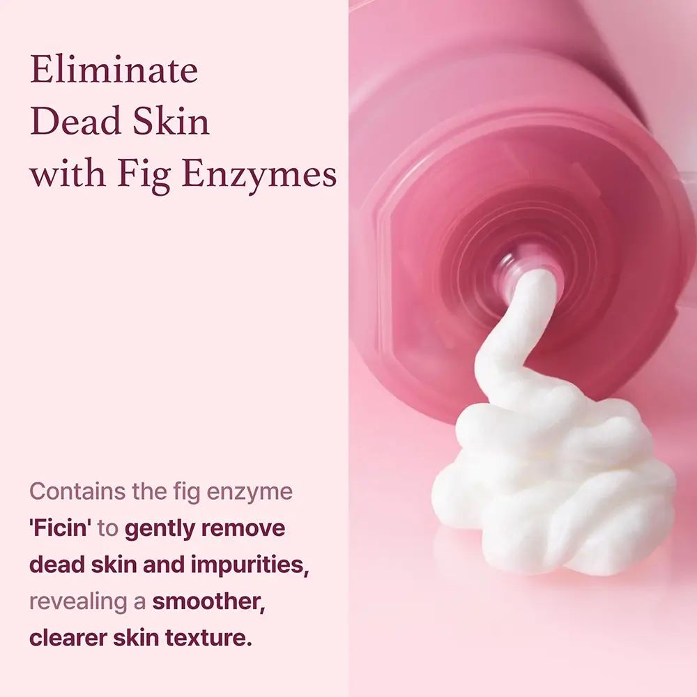 Schuim komt uit een tube. Tekst: Verwijdert dode huidcellen.