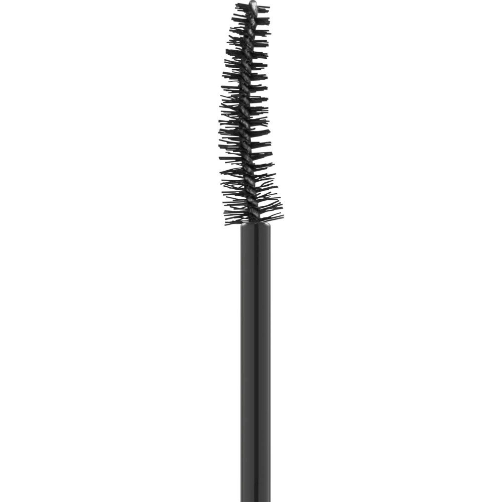 Gros plan d'une brosse de mascara avec des poils noirs.