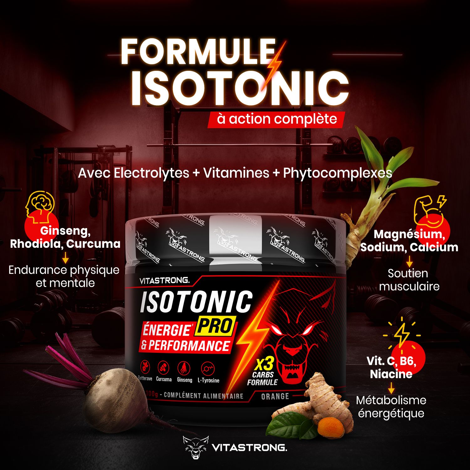 Productverpakking. Tekst: Isotonic Pro, Energie & Prestaties. Met elektrolyten, vitaminen, fytocomplexen. Sinaasappel.
