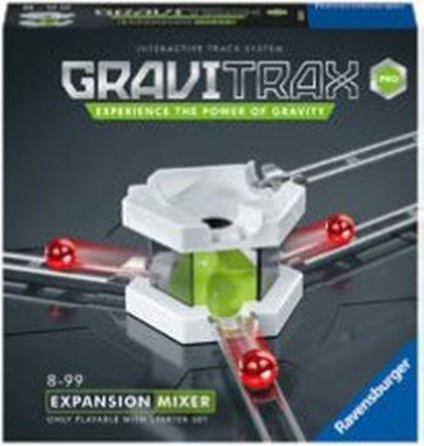 Verpakking GraviTrax Pro. Mixer uitbreiding. Knikkers op rails. Ravensburger logo. Tekst: « Expansion Mixer ».