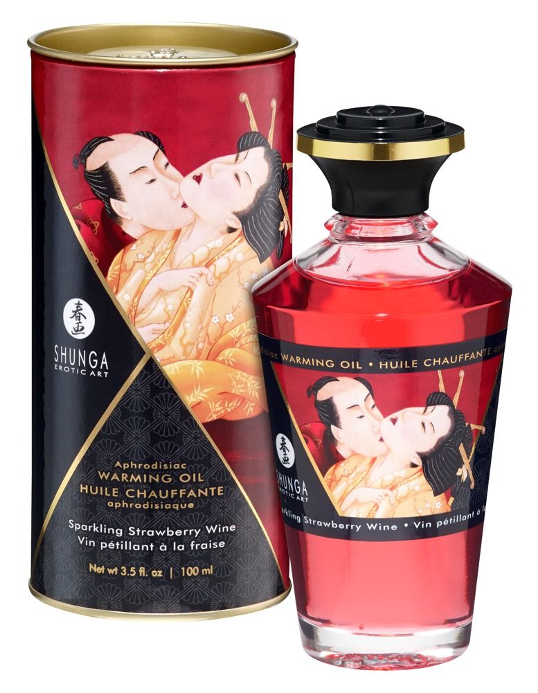 Rode fles en doos met etiketten. Opschrift: Shunga, Warming Oil, aardbei aroma. Illustratie: kussend paar.