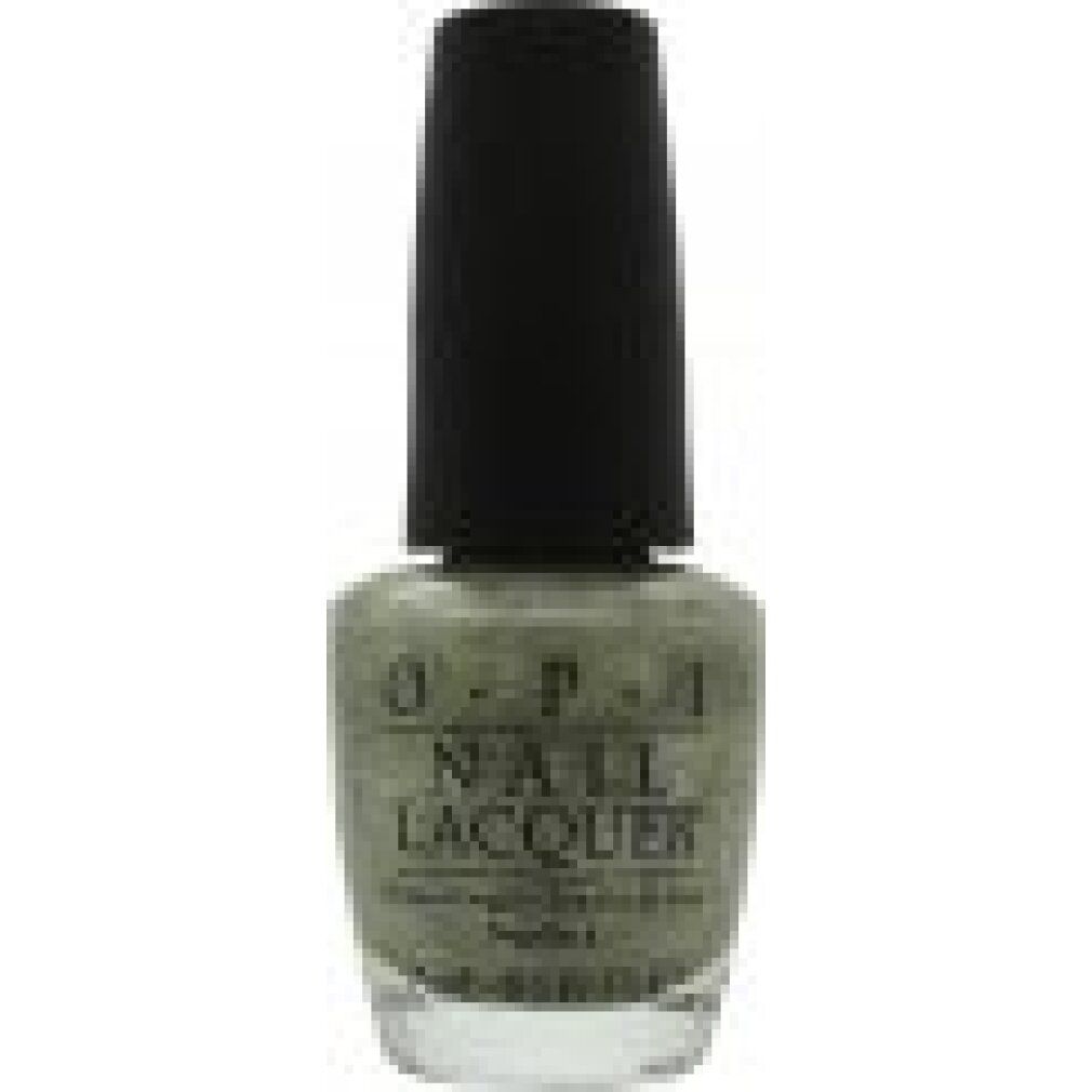OPI nagellakfles. Groen-grijze kleur met zwarte dop. Opschrift: OPI NAIL LACQUER. 15 ml.