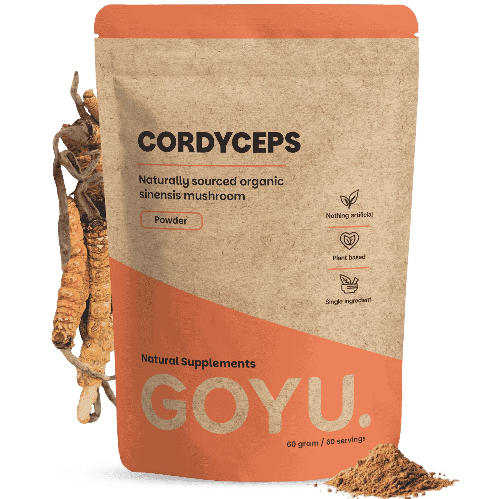 Sachet en papier brun de poudre de Cordyceps, biologique, d'origine naturelle, 60g. Marque GOYU.