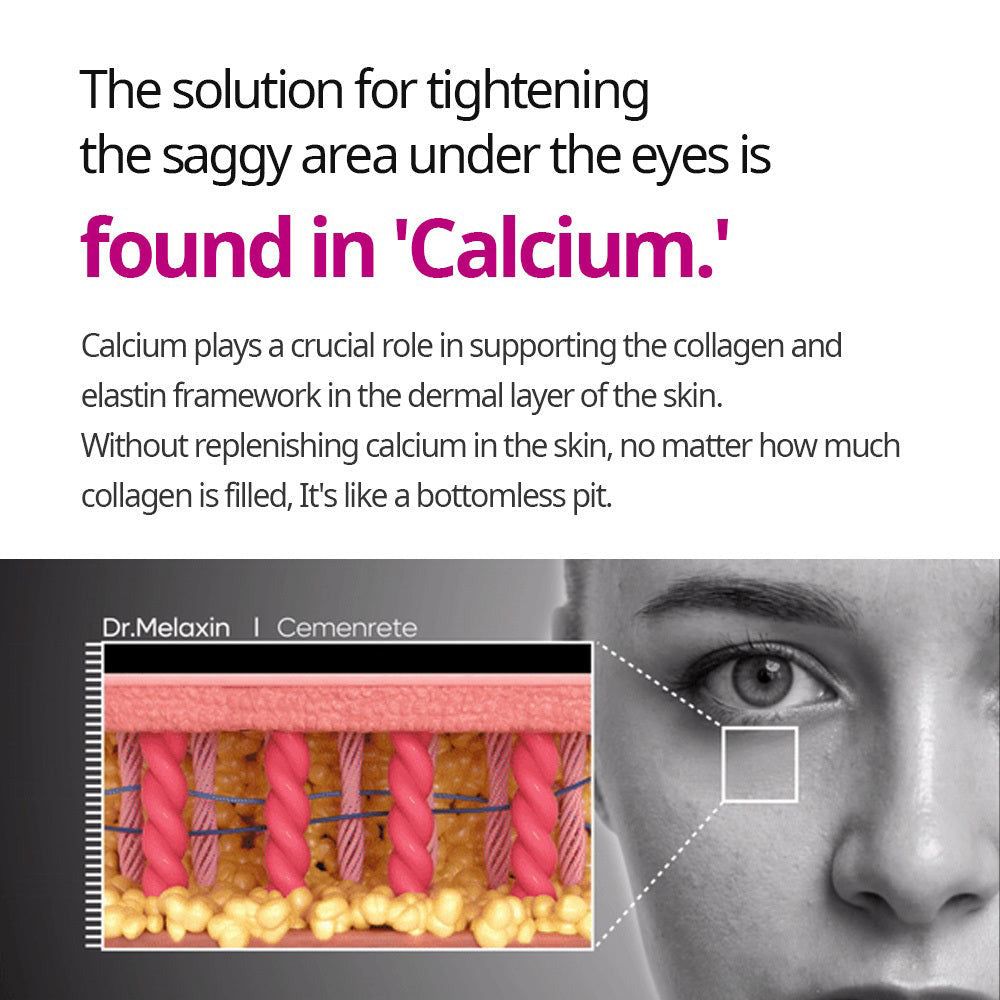 Dr. Melaxin Cemenrete EX Volume Firming Calcium Intense Cream, un pot en verre avec étiquette, à côté du couvercle ouvert.