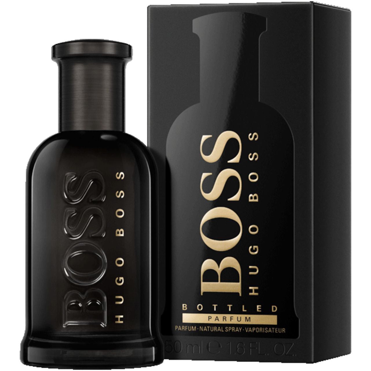 Zwarte fles en verpakking van Boss Bottled Parfum. Gouden belettering. Fles met verstuiver.
