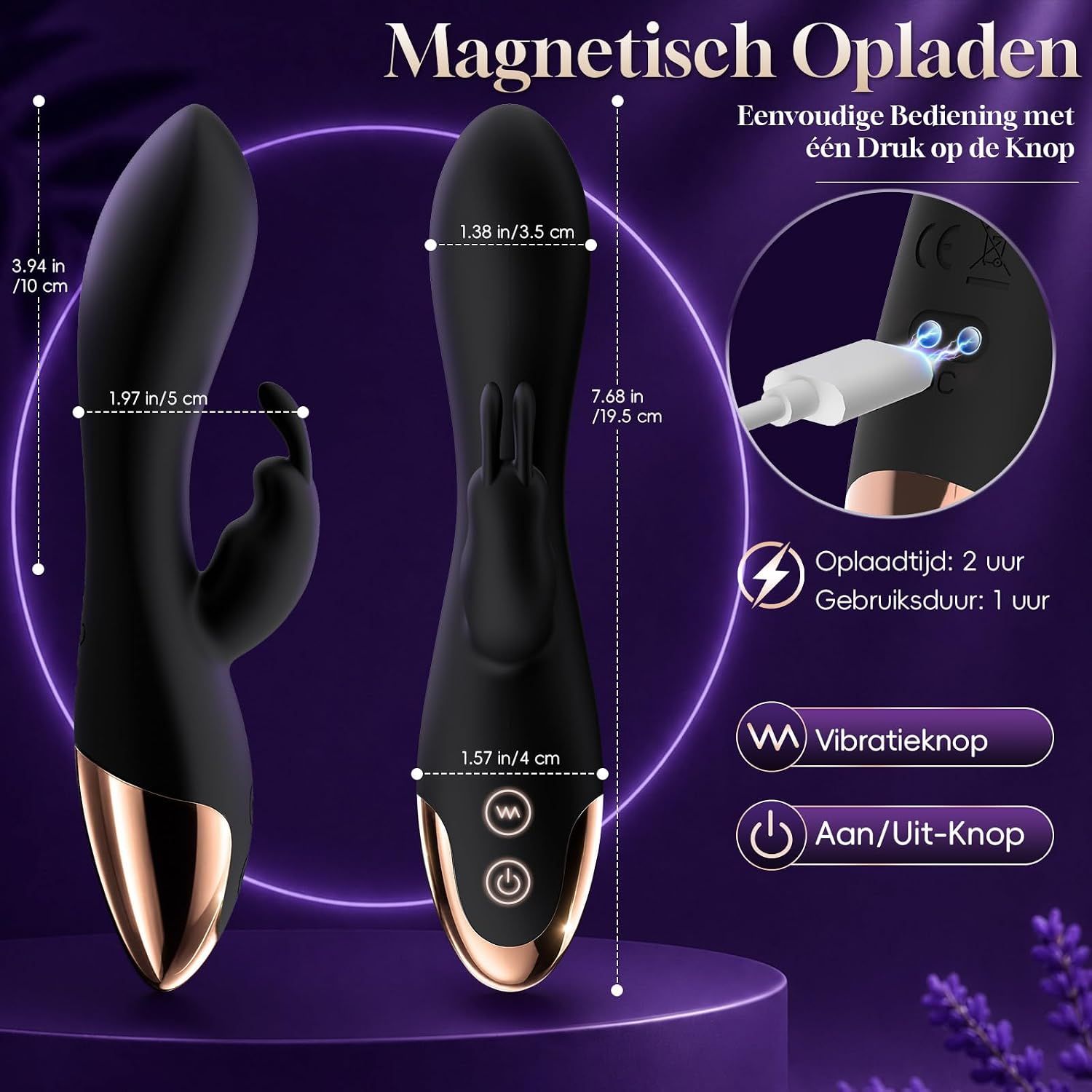Zwarte vibrator met roségouden accenten, 19,5 cm lang, met oplaadindicator en twee knoppen.