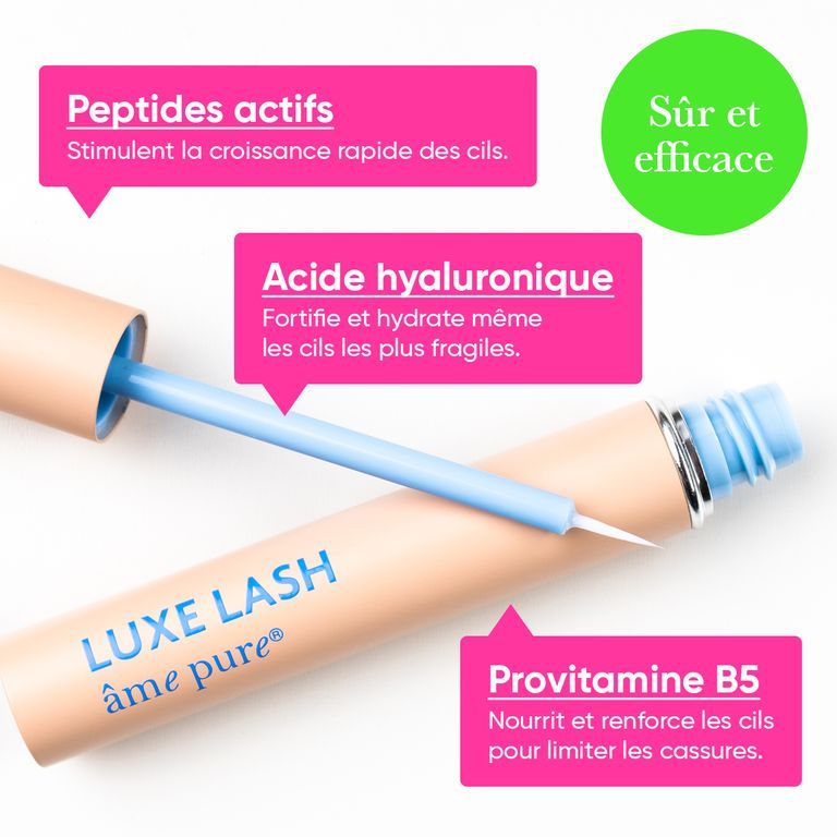 Applicateur de sérum pour cils LUXE LASH avec manche et pointe bleu clair sortant d'un tube beige clair. Le texte met en avant les peptides.