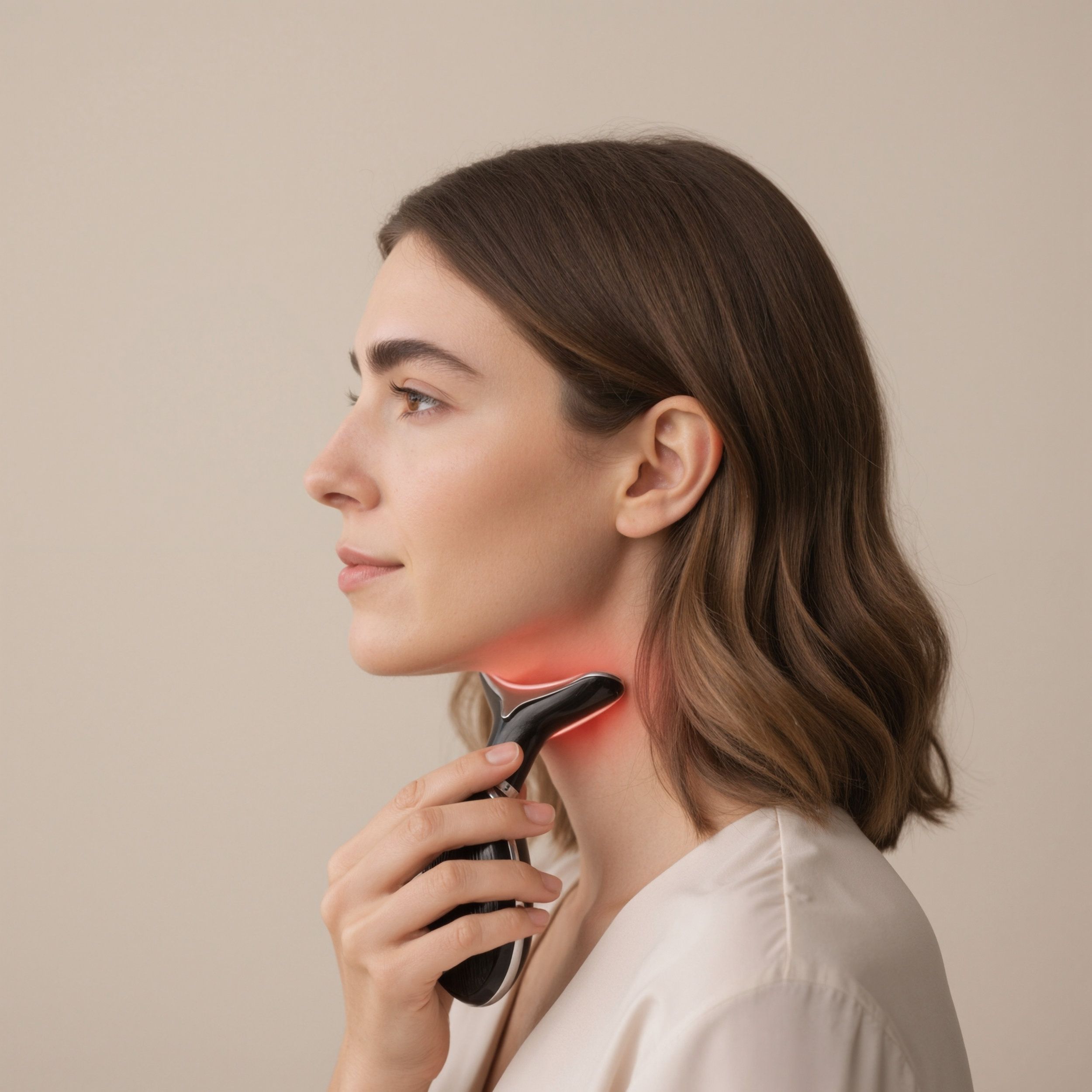 Appareil noir et argenté sur le cou d'une femme. Lumière rouge sur la tête. En cours d'utilisation.