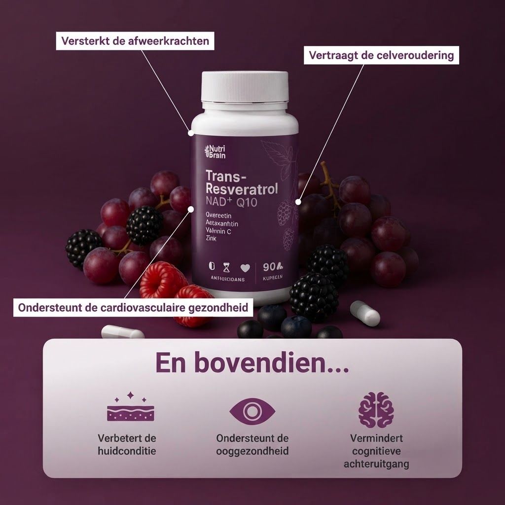 Fles NUTRIBRAIN Trans-Resveratrol NAD+ Q10 met gedetailleerde ingrediëntenlijst.