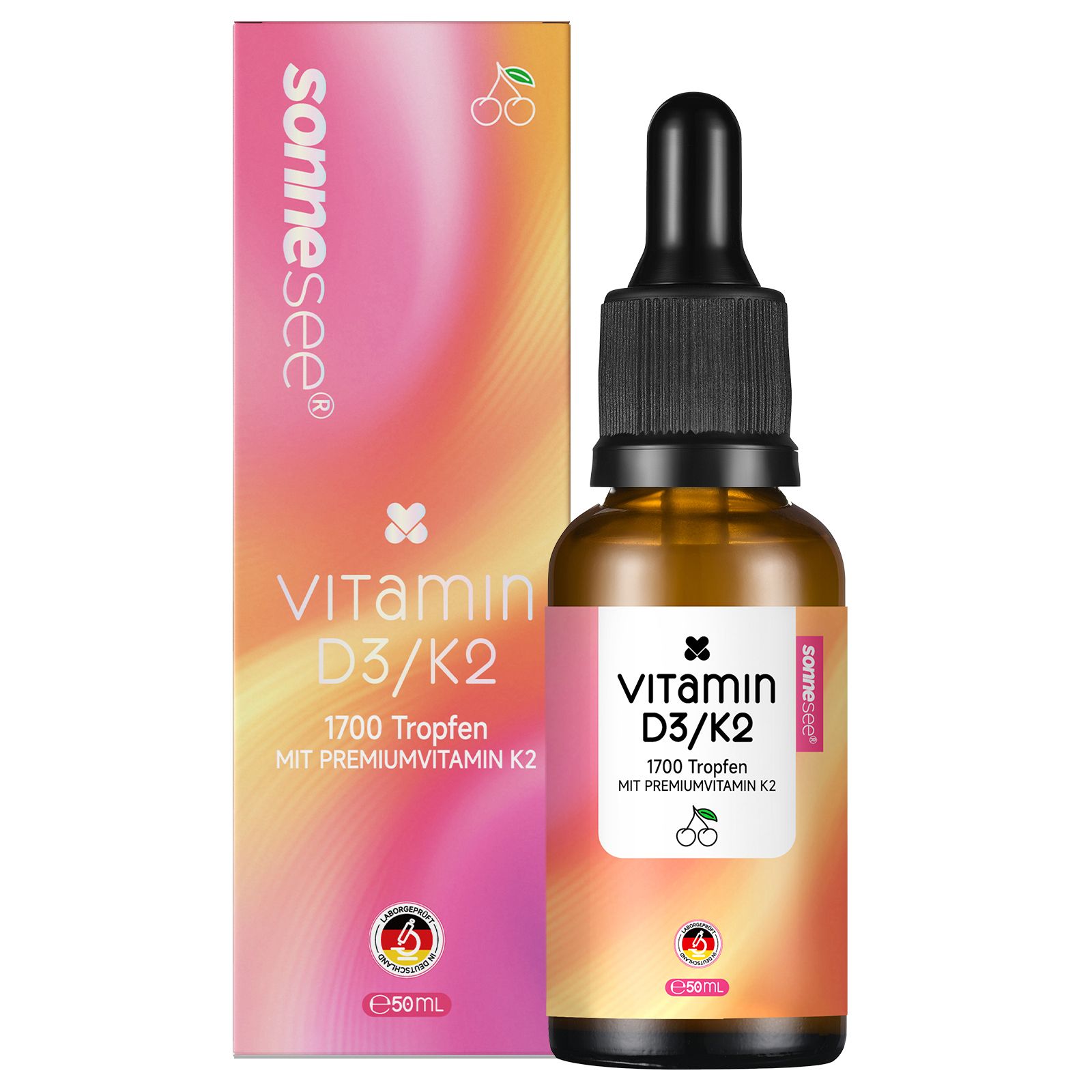 Flacon et boîte de gouttes Sonnesee Vitamine D3/K2 Cerise.