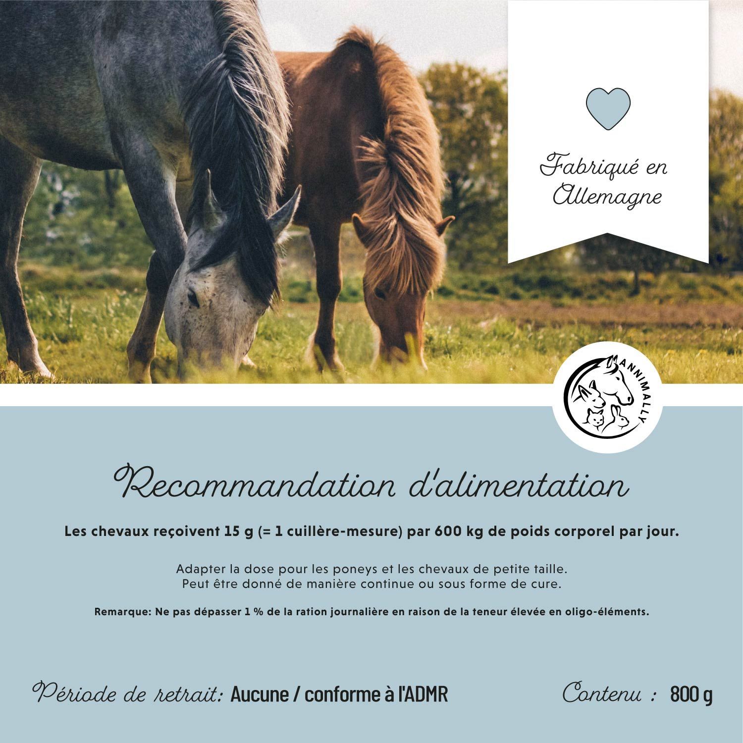 Recommandations alimentaires pour les chevaux. Logo avec cheval et lapin. Symbole de cœur. Fabriqué en Allemagne. Contenu : 800 g.
