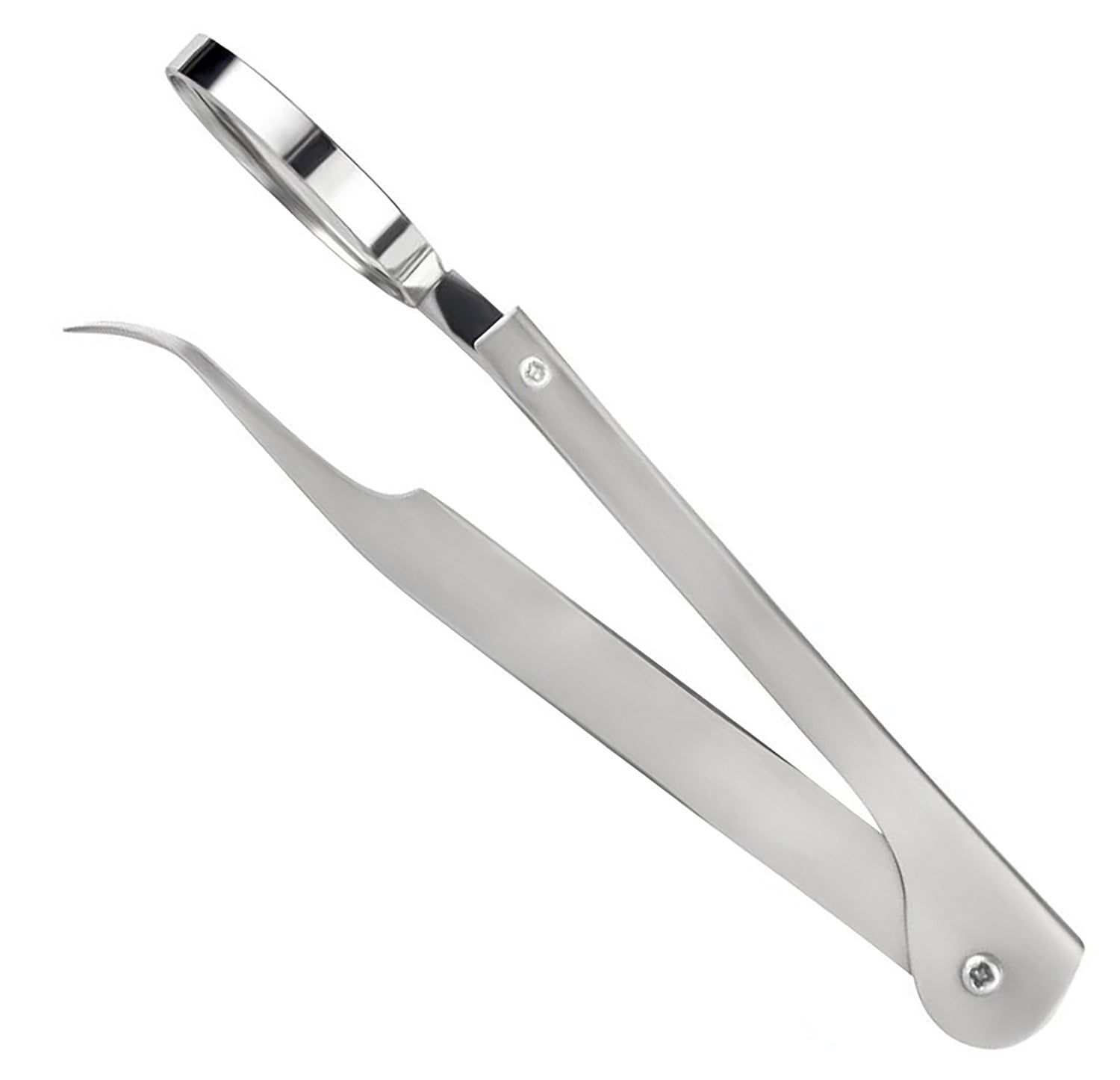 Metalen pincet, 11 cm. Gebogen punt, handvat met ring. Zilverkleurig materiaal.