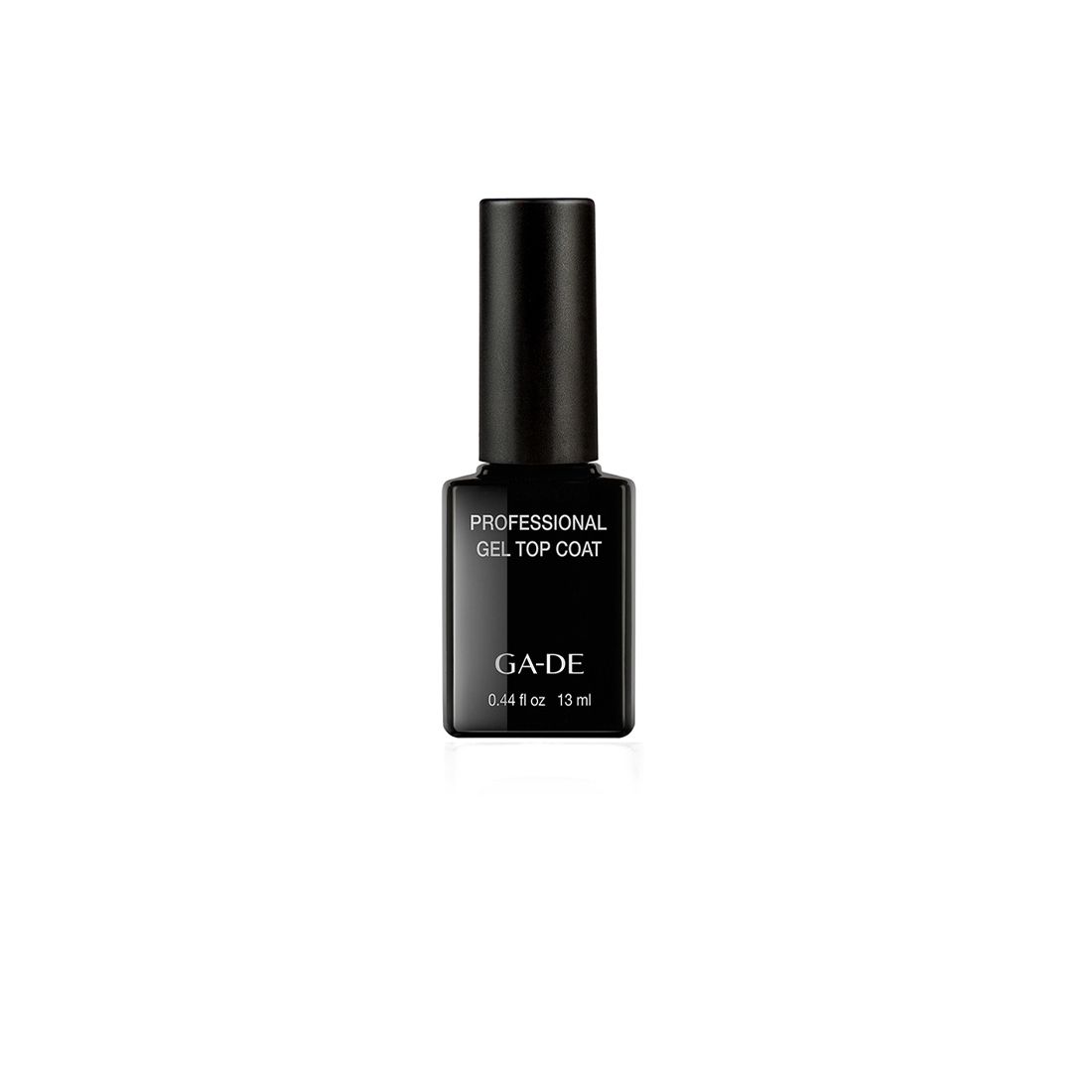 Zwarte fles met zwarte dop. Opschrift: Professional Gel Top Coat, GA-DE. Inhoud: 13 ml.