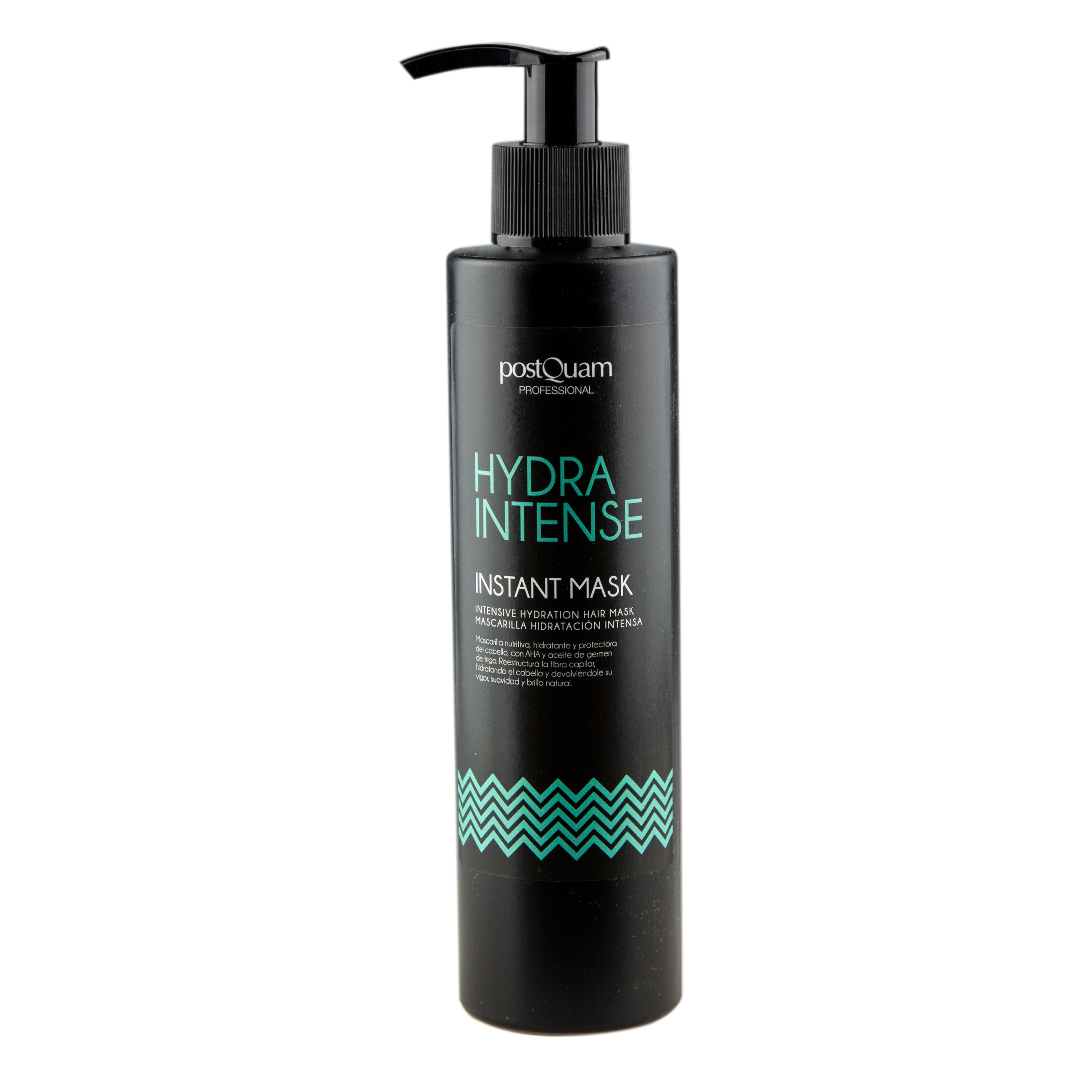 Zwarte fles met pomp. Opschrift: Hydra Intense Instant Mask. Turkoois zigzagpatroon. Merk: postQuam Professional.