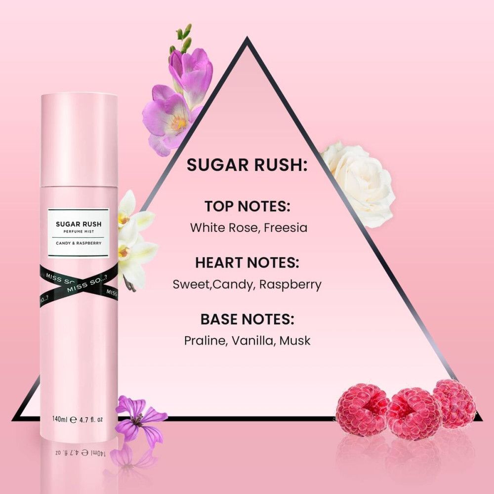 Flacon de brume corporelle rose avec texte sur étiquette blanche. Inscription : Sugar Rush, Candy & Raspberry. Framboises et fleurs.