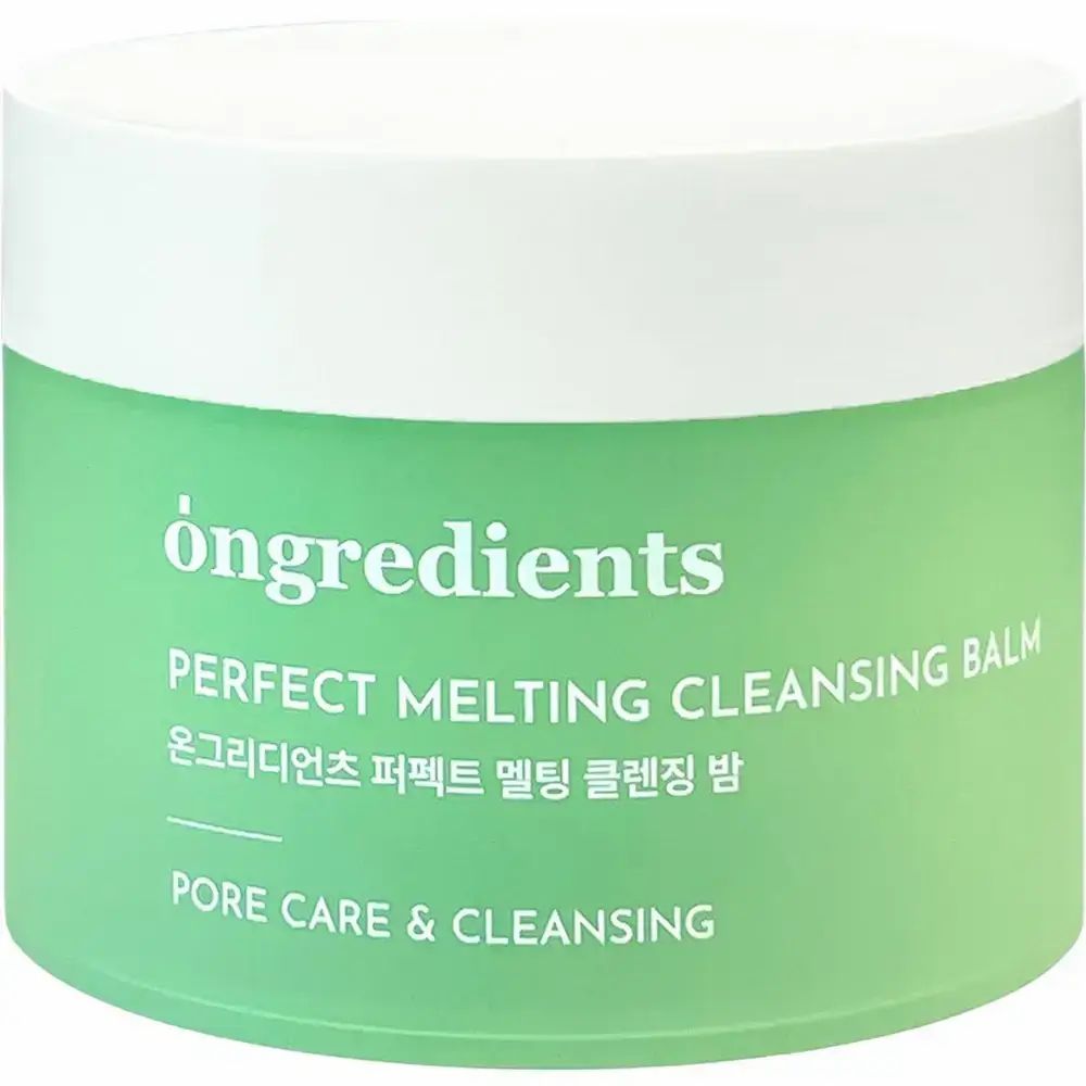Groene pot met witte deksel. Opschrift: Perfect Melting Cleansing Balm. Tekst in meerdere talen. Productnaam en merk zichtbaar.