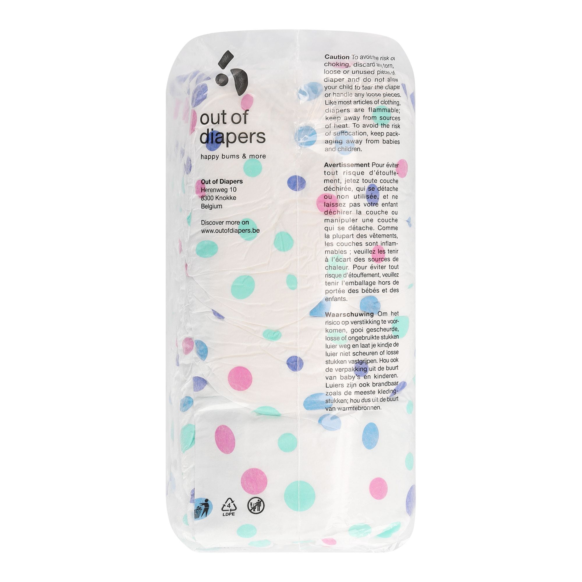 Verpakking met luiers. Opdruk 'out of diapers' en 'happy bums & more'. Met gekleurde stippen.