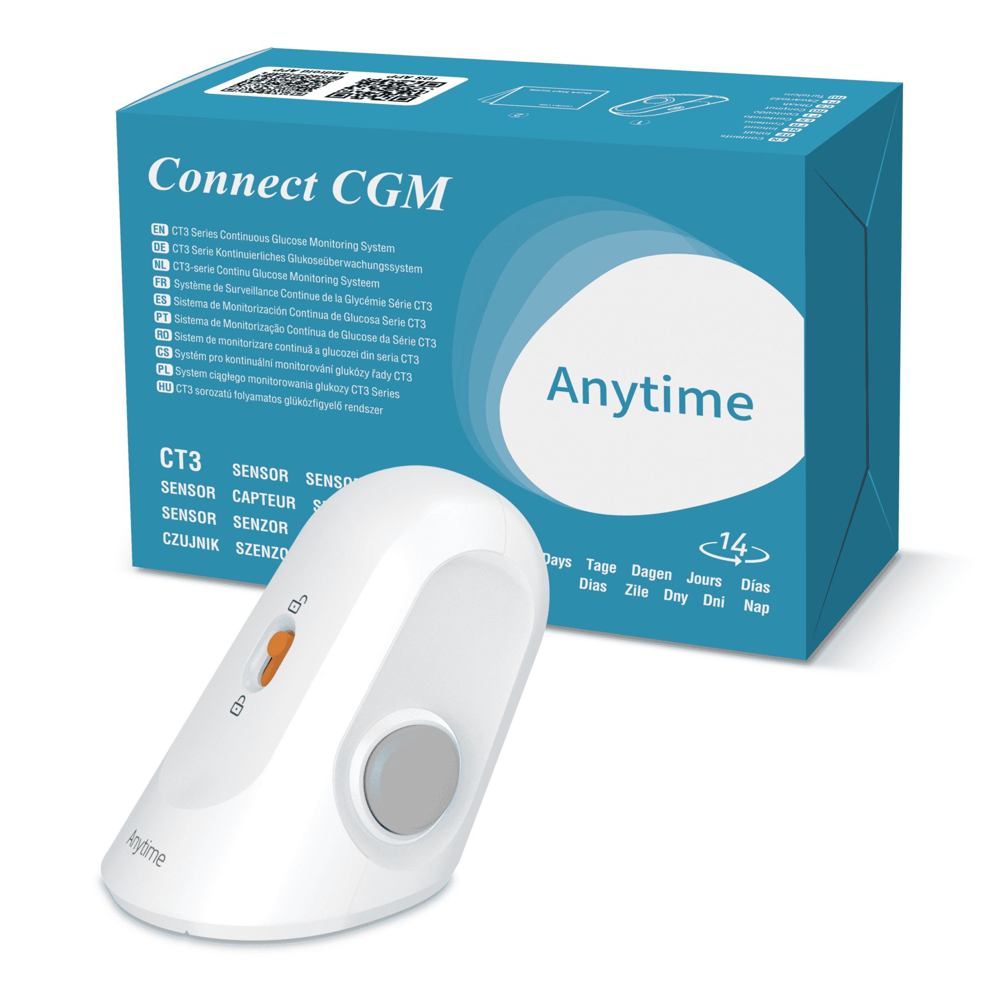 Capteur FORA Connect CGM : capteur de glucose blanc avec interrupteur orange et bouton gris. Emballage bleu avec nom et caractéristiques du produit.