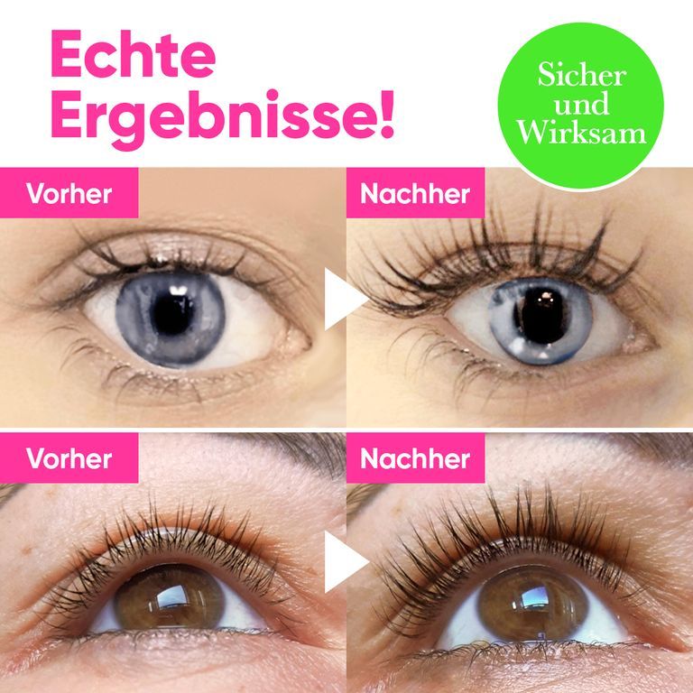 Images avant-après d'yeux avec le sérum pour cils Luxe Lash. Montre des cils plus denses et plus longs.