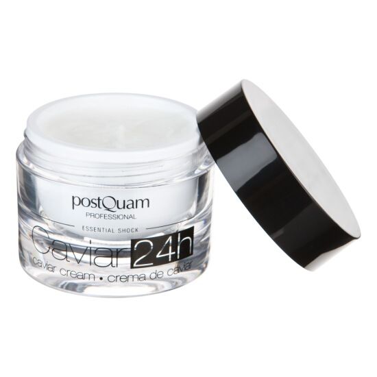 Crèmepot met open deksel. Opschrift: Caviar 24h, Caviar Cream, Postquam Professional, Essential Shock.