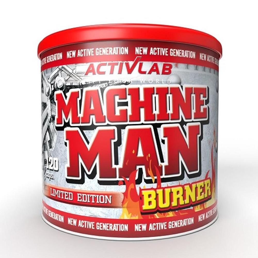 Ronde pot met rode deksel. Opschrift "Activlab Machine Man Burner" in rood en wit. "Limited Edition" eronder.