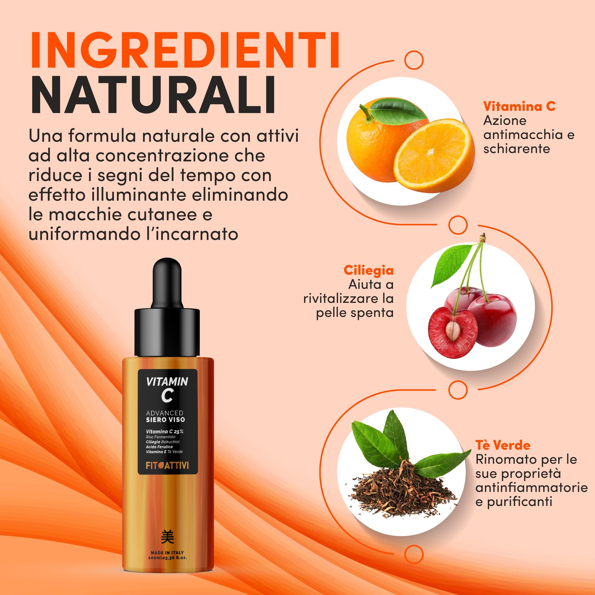 Productfles met vitamine C en ingrediënten: sinaasappel, kers, groene thee. Tekst: Natuurlijke ingrediënten, effect, toepassing.