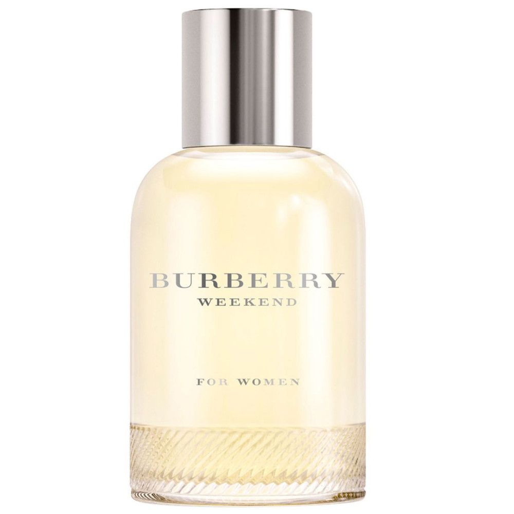 Burberry Weekend Eau de Parfum Spray pour femmes. Flacon avec bouchon argenté et texte.