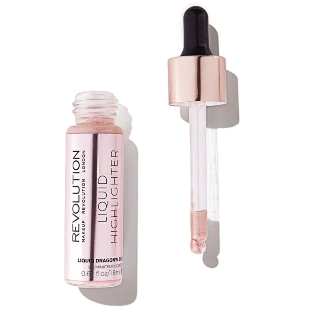 Vloeibare highlighter met pipet. Roze vloeistof in een kleine glazen fles. Opschrift: Liquid Highlighter, Makeup Revolution.