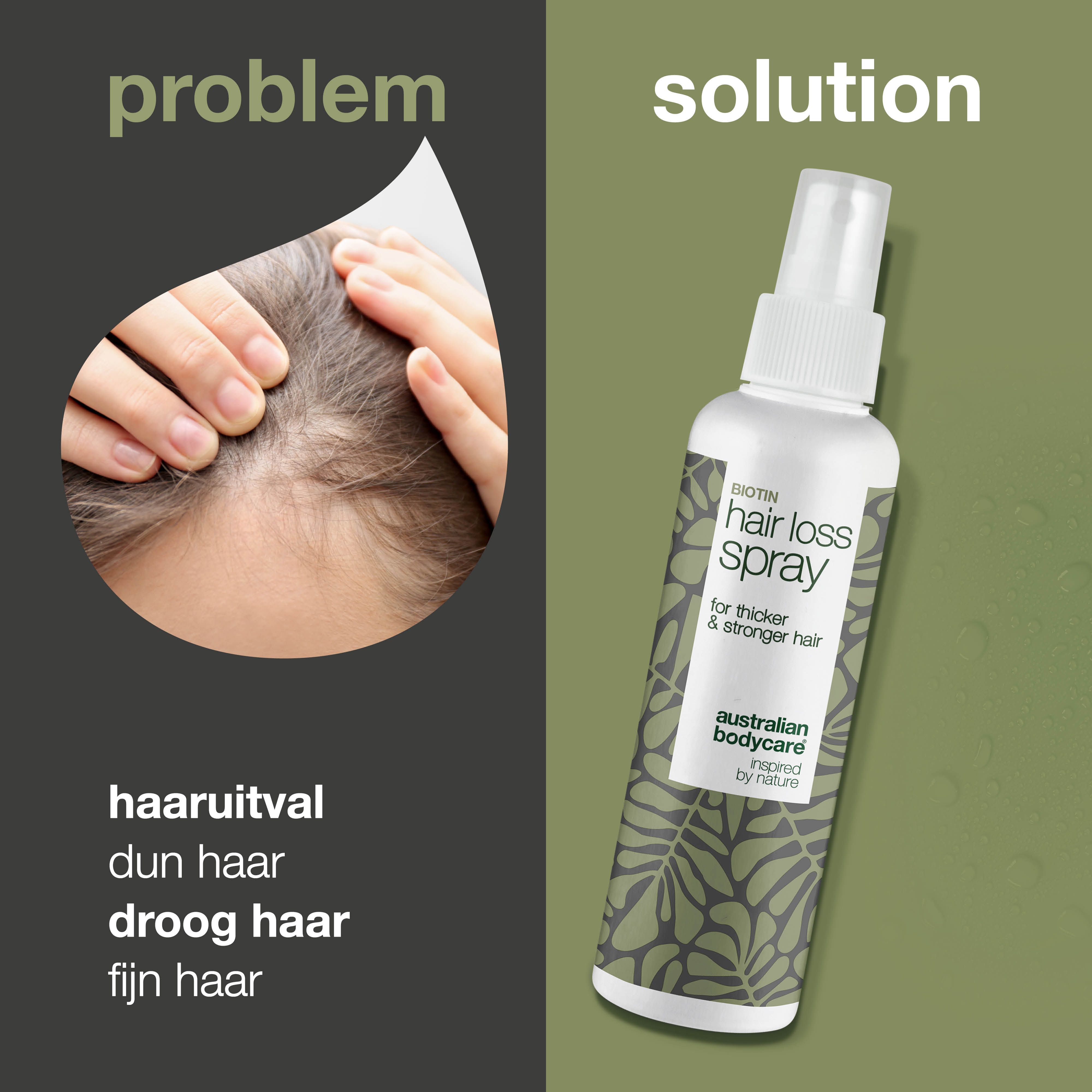 Probleem en oplossing. Haaruitval, dun haar, droogheid, haarbreuk. Biotin Hair Loss Spray. Australian Bodycare.