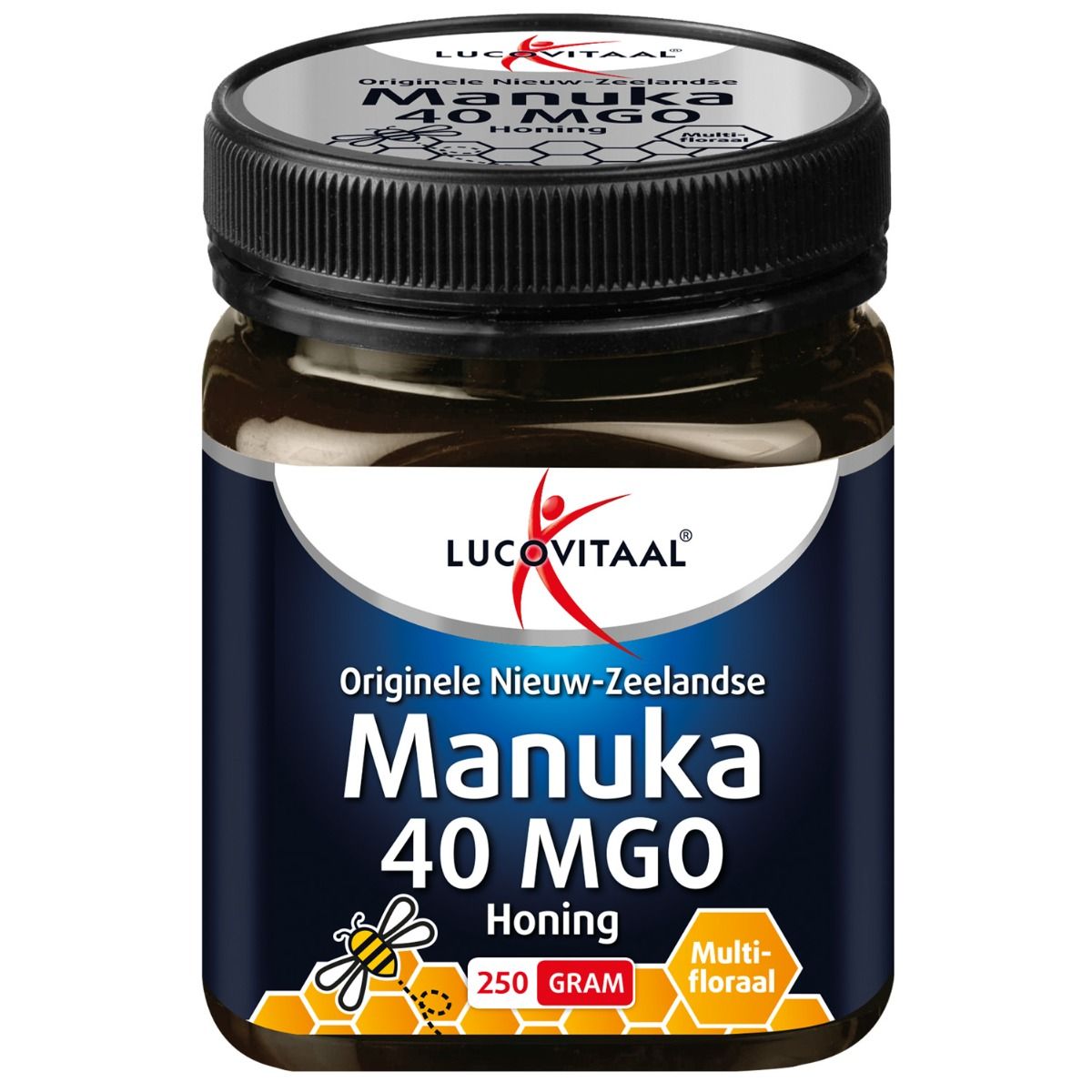 Pot de miel de Manuka 40 MGO. Couvercle noir, étiquette bleue avec informations et logo.