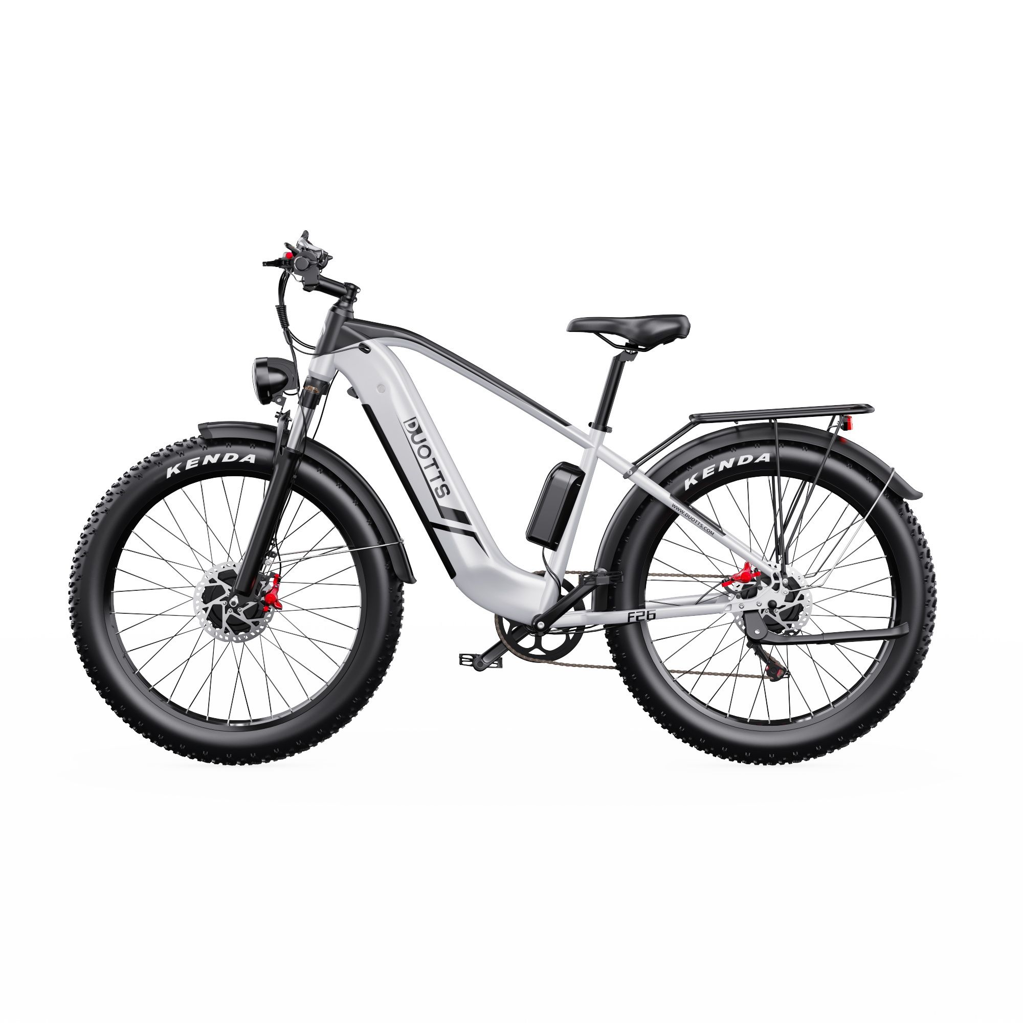 Vélo électrique DUOTTS F26, vue de face. Cadre noir et argenté, pneus larges, porte-bagages. Moteur et batterie.