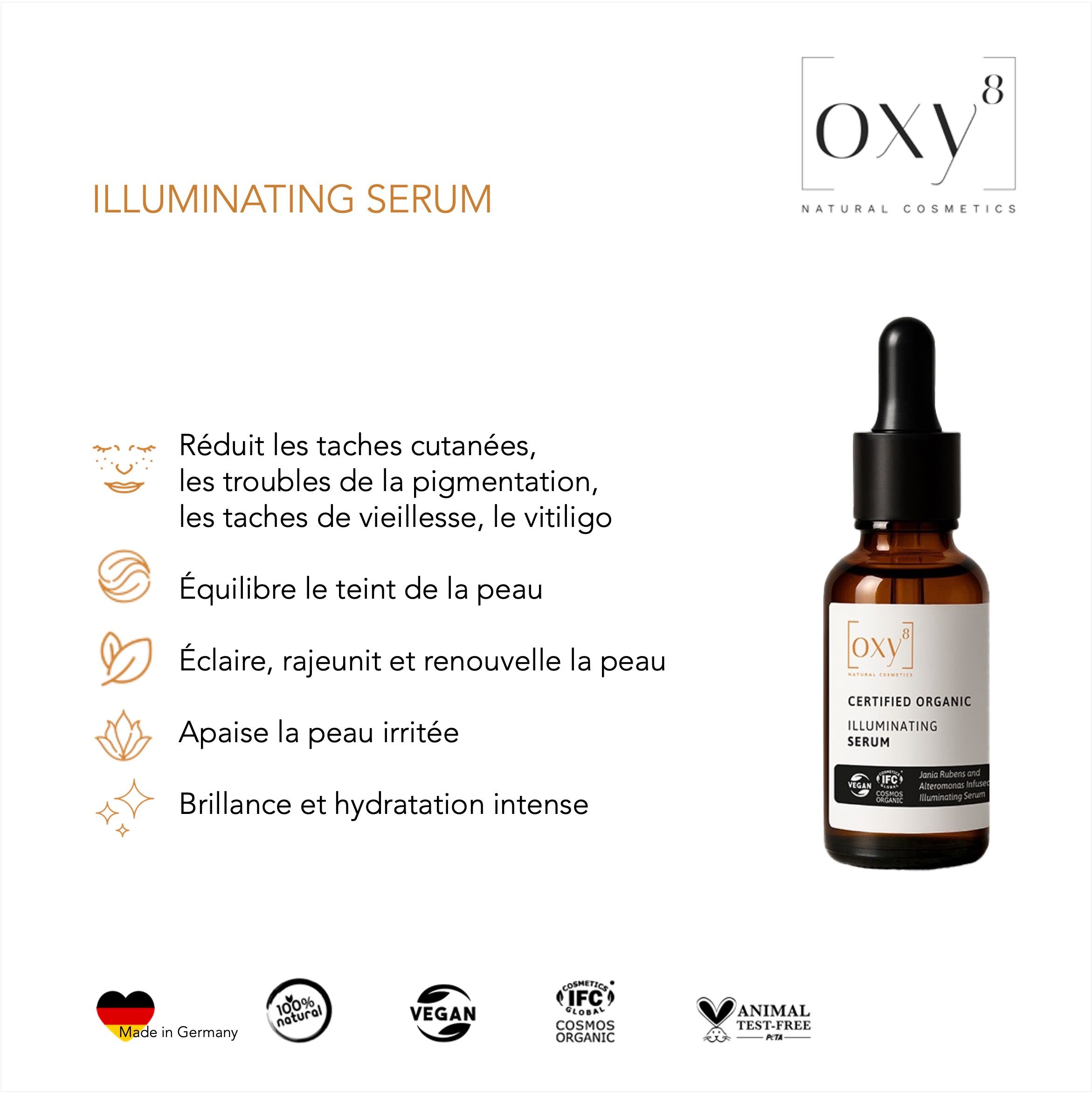 Flacon de produit avec texte et icônes. Texte : ILLUMINATING SERUM. Icônes : imperfections, teint, renouvellement, irritation, éclat.