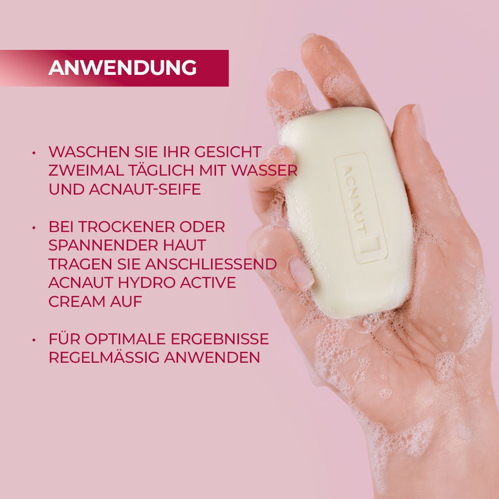 Main avec savon et mousse. Texte : Application. Instructions : laver le visage deux fois par jour, appliquer la crème sur peau sèche, utiliser régulièrement.