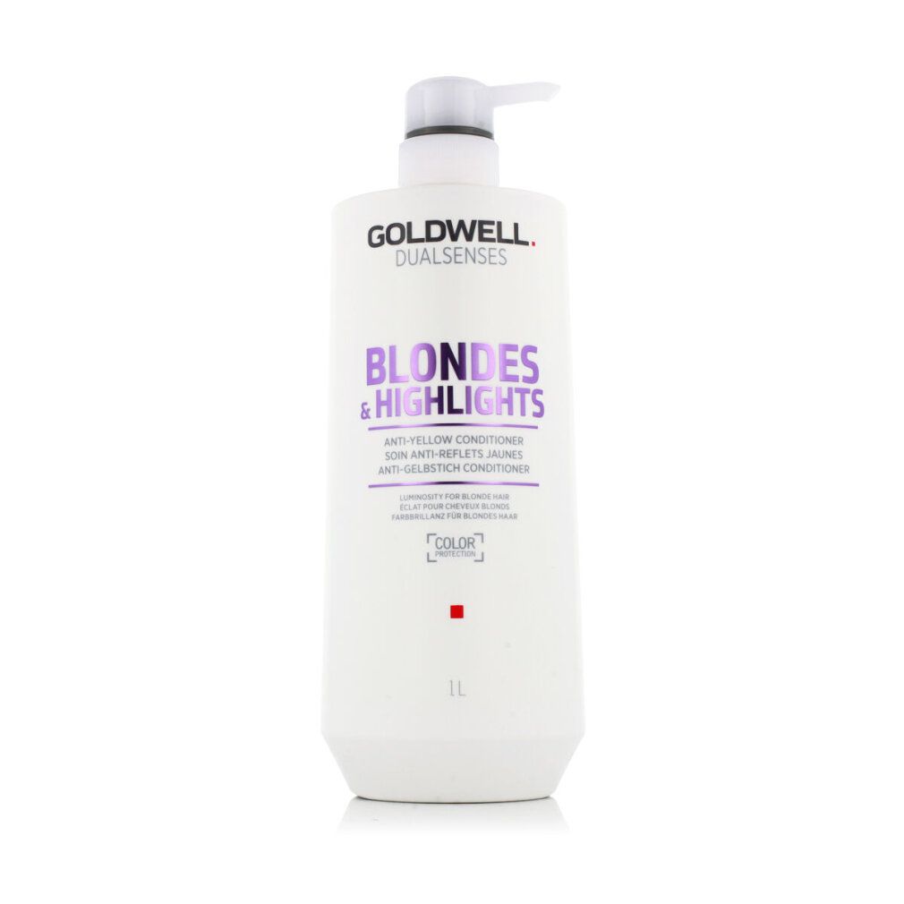 Goldwell Dual Senses Conditioner. Witte fles met pomp. Opschrift: Blondes & Highlights, Anti-geel conditioner. 1L.